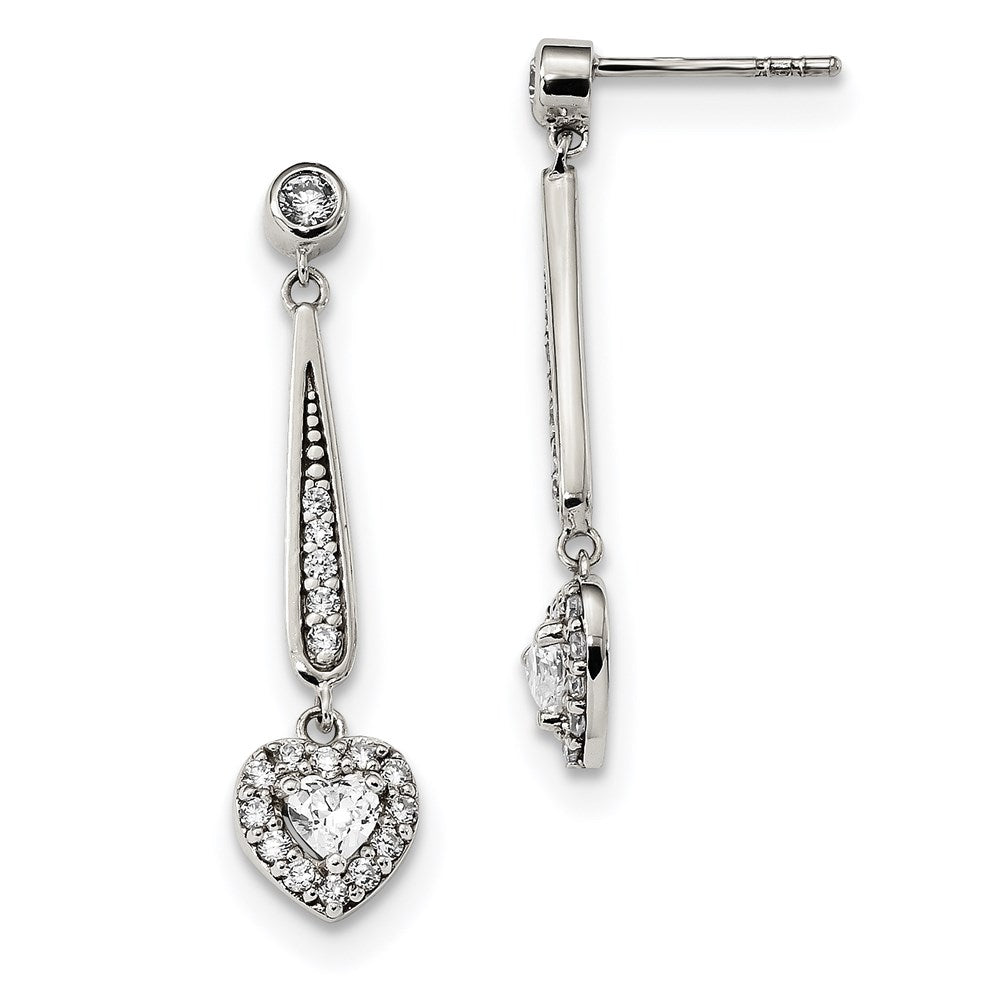 Sterling Silver Fancy CZ Heart Dangle Post Earrings, 35 x 8 mm