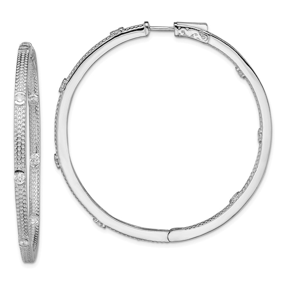 Sterling Silver Rhod-plated CZ In/Out Round Hinged Hoop Earrings, 53.8 x 52 mm