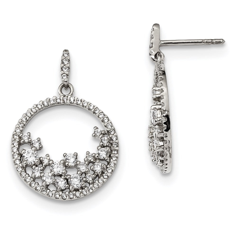 Sterling Silver CZ Circle Dangle Post Earrings, 26.5 x 17.5 mm