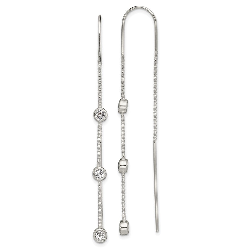 Sterling Silver Polished 3 Bezel Set CZs Threader Earrings, 66.5 x 4 mm