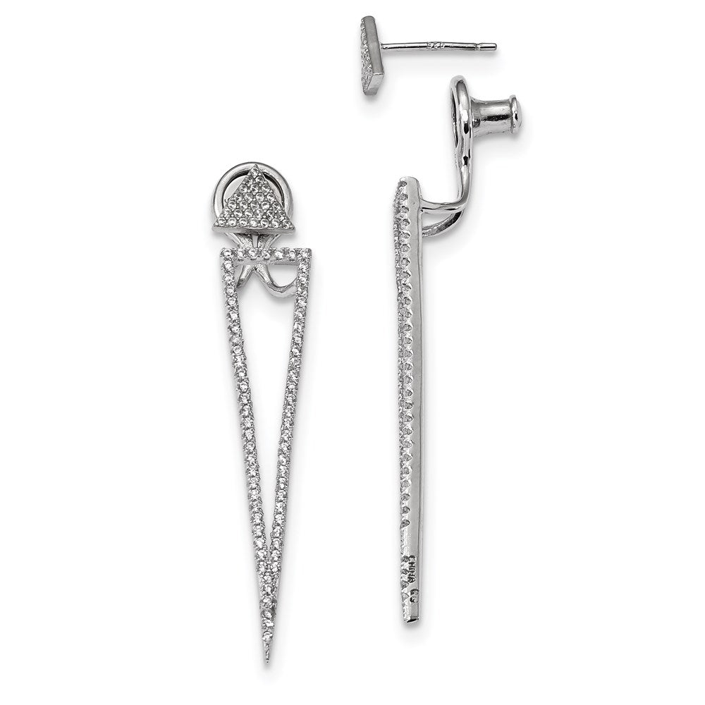 Sterling Silver Rhodium-plated CZ Front & Back Triangle Earrings, 50 x 9 mm