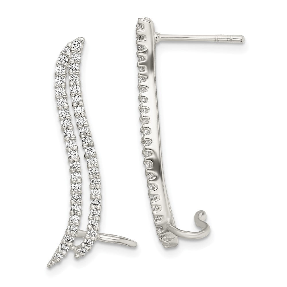 Sterling Silver Polished CZ Double Row Post & Cuff Ear Climber Earrings, 30 x 4 mm