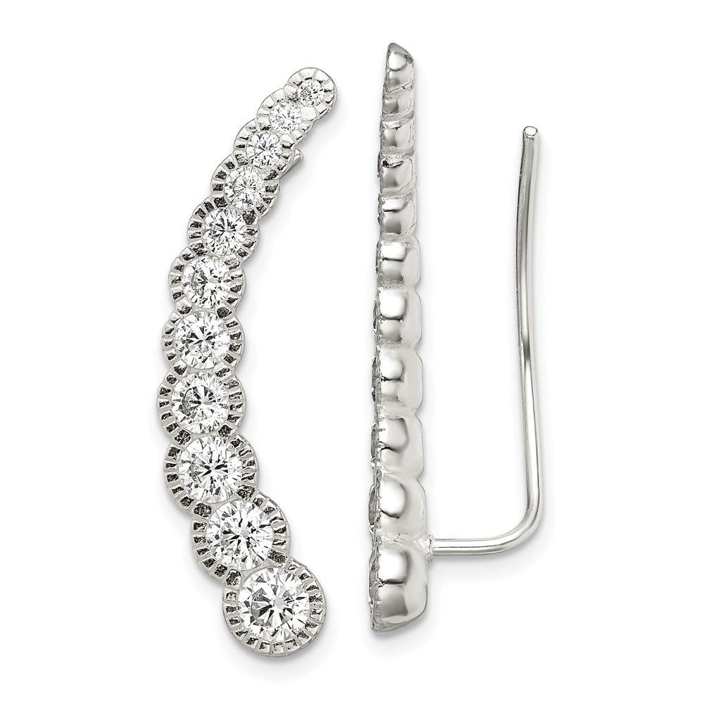 Sterling Silver Polished & Textured Graduated CZ Ear Climber Earrings, 30 x 5 mm