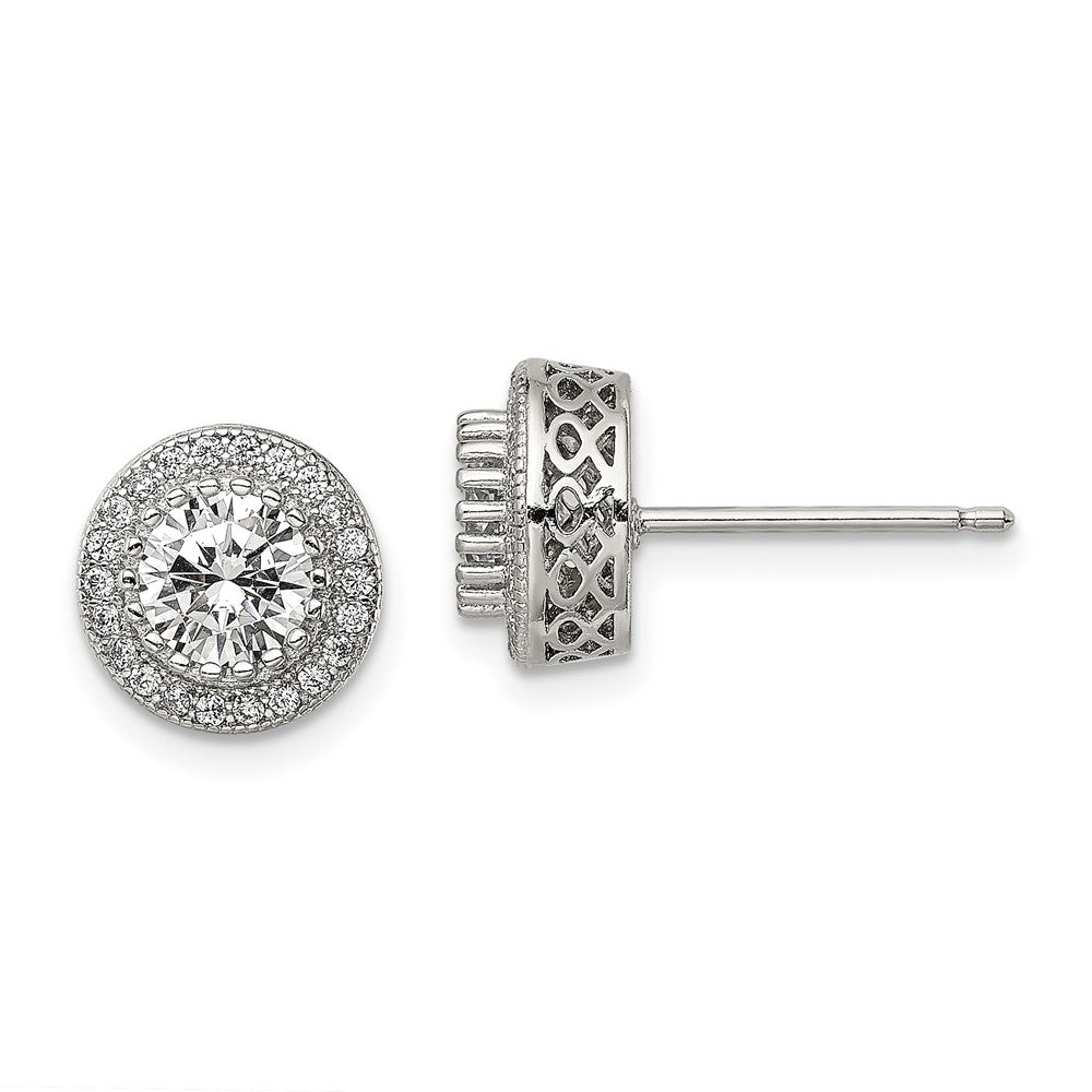 Sterling Silver Rhod-plated Polished Pav‚ CZ Halo Round Post Earrings, 9.5 x 9.5 mm