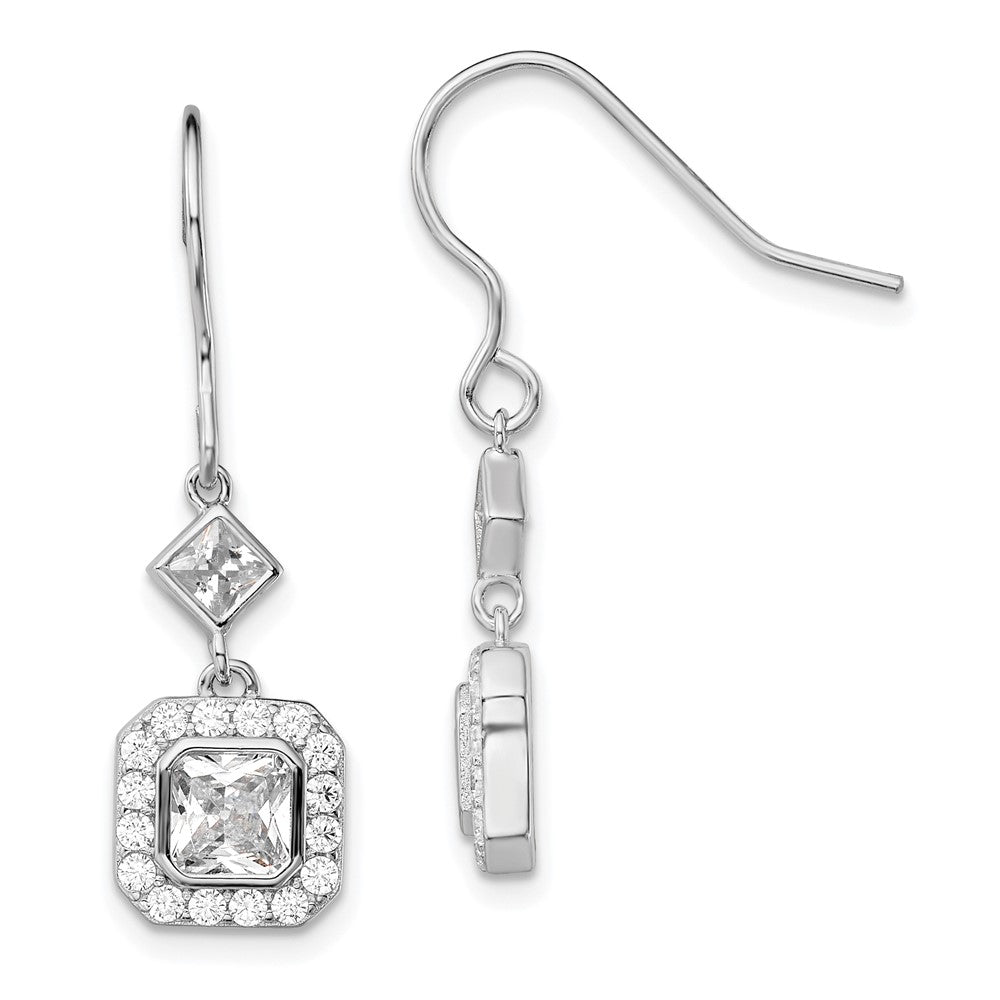 Sterling Silver Rhodium-plated Polished Square CZ Halo Dangle Earrings, 32 x 7.88 mm