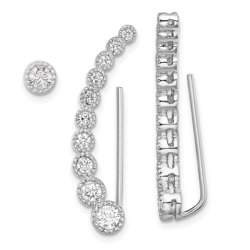 Sterling Silver RH-plated Polished & Textured CZ 1 Ear Climber & 1 Stud Ear, 32 x 5.04 mm