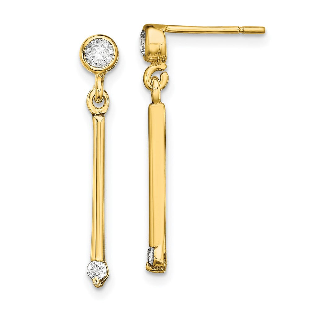 Sterling Silver Gold-tone Polished Bar w/ CZ Post Dangle Earrings, 25.5 x 4.12 mm