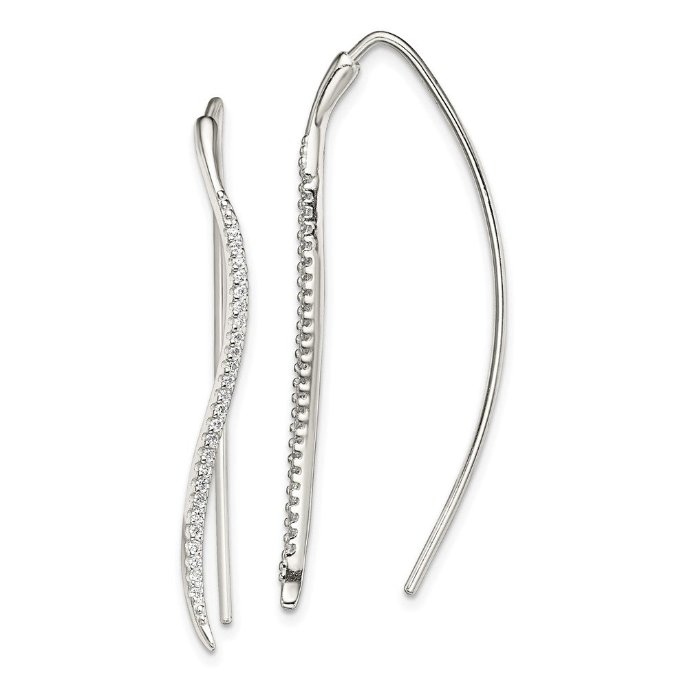 Sterling Silver Polished CZ Curved Bar Threader Earrings, 44.5 x 1.57 mm