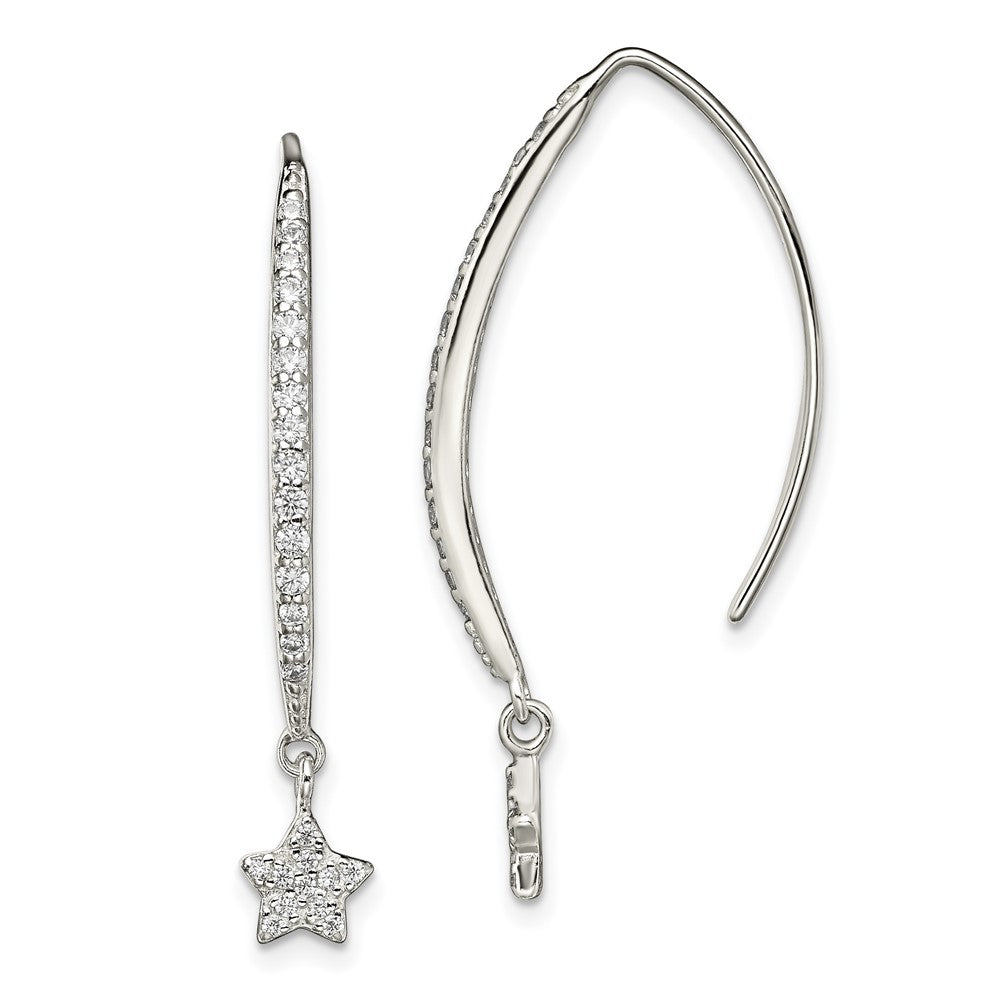 Sterling Silver Polished CZ Star Threader Earrings, 38 x 1.75 mm