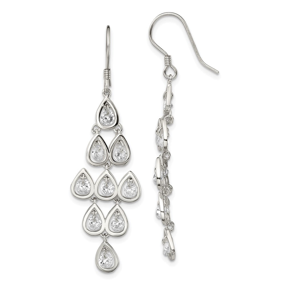 Sterling Silver RH-pltd Polished Fancy Pear CZ Chandelier Dangle Earrings, 25.5 x 6.87 mm