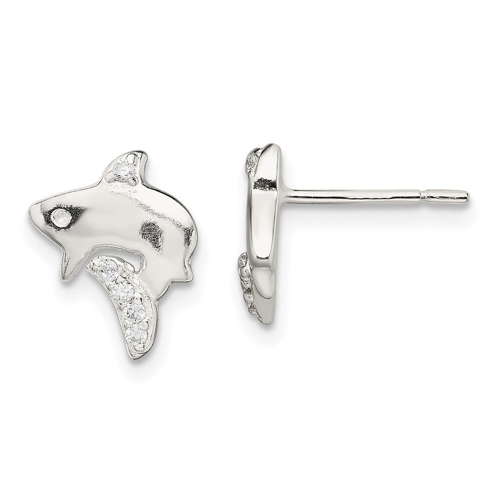 Sterling Silver Polished CZ Shark Post Earrings, 8.06 x 9.49 mm