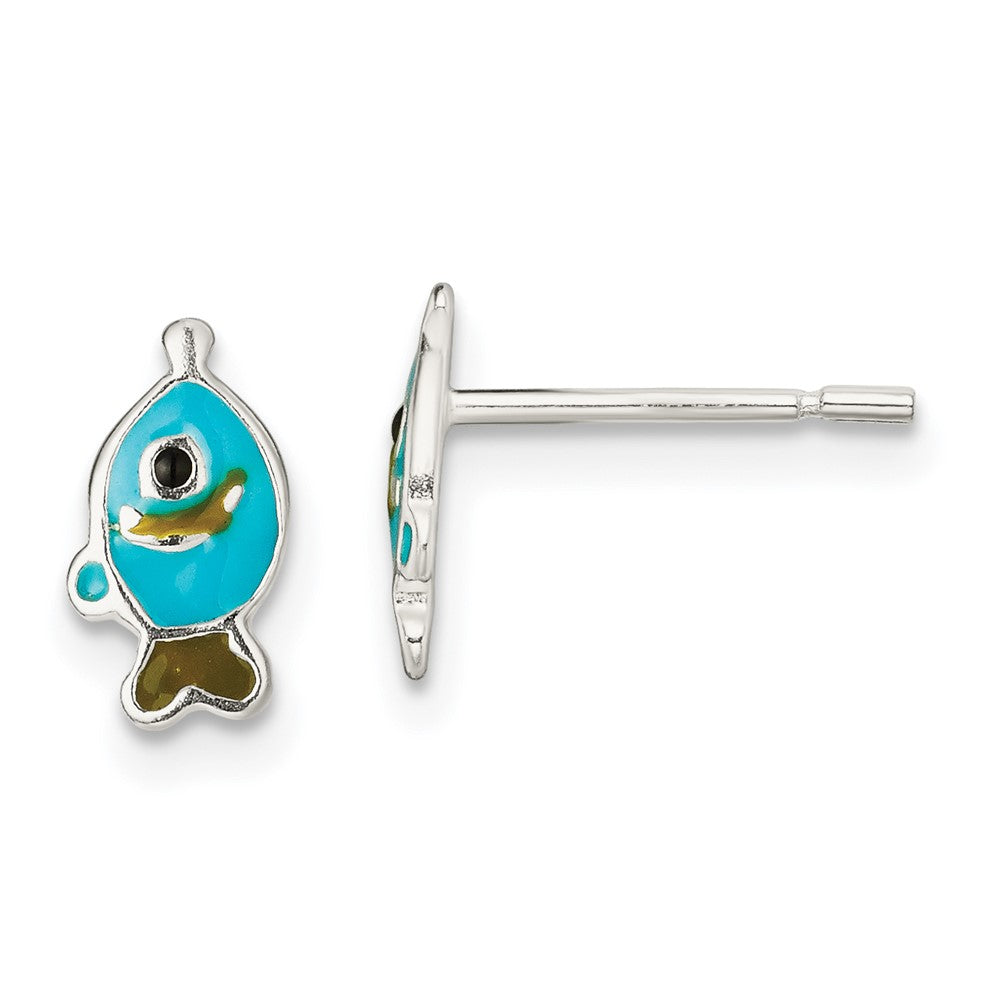 Sterling Silver Polished Enameled Fish Post Earrings, 4.9 x 9 mm