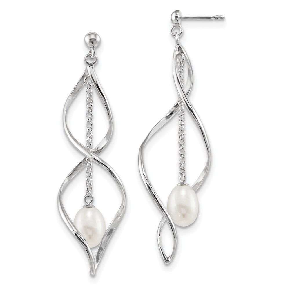 Sterling Silver Rhodium-plated 7-8mm White Rice Freshwater Cultured Pearl Post Dangle Earring, 63.5 x 19 mm