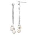 Sterling Silver Rhodium-plated 6-7mm White Rice Freshwater Cultured Pearl and CZ Post Dangle Earrings, 51 x 7 mm
