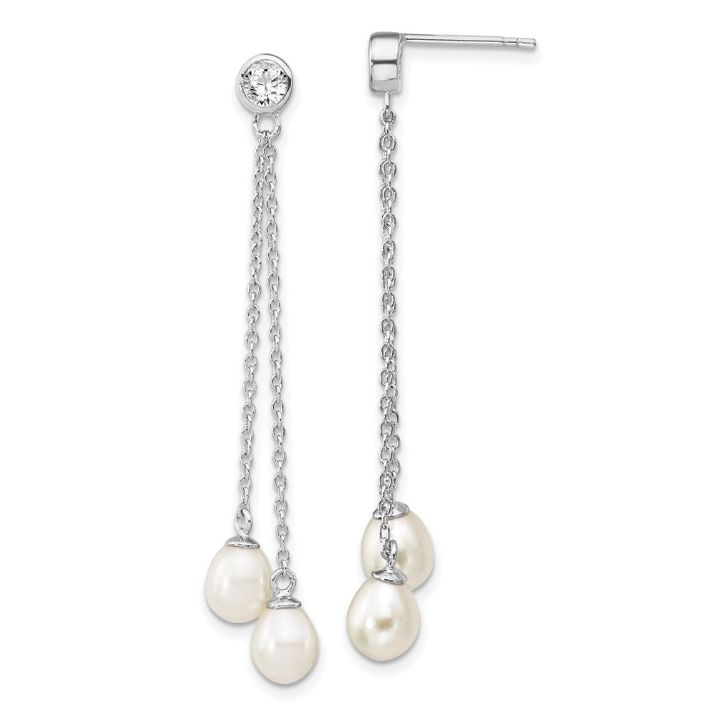 Sterling Silver Rhodium-plated 6-7mm White Rice Freshwater Cultured Pearl and CZ Post Dangle Earrings, 51 x 7 mm
