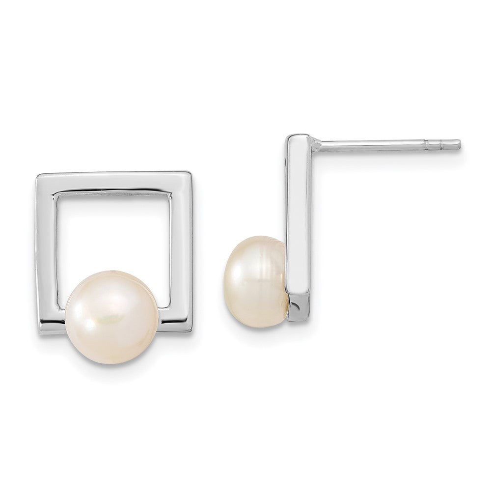 Sterling Silver Rhodium-plated 6-7mm White Button Freshwater Cultured Pearl Square Post Earrings, 14.53 x 11.45 mm