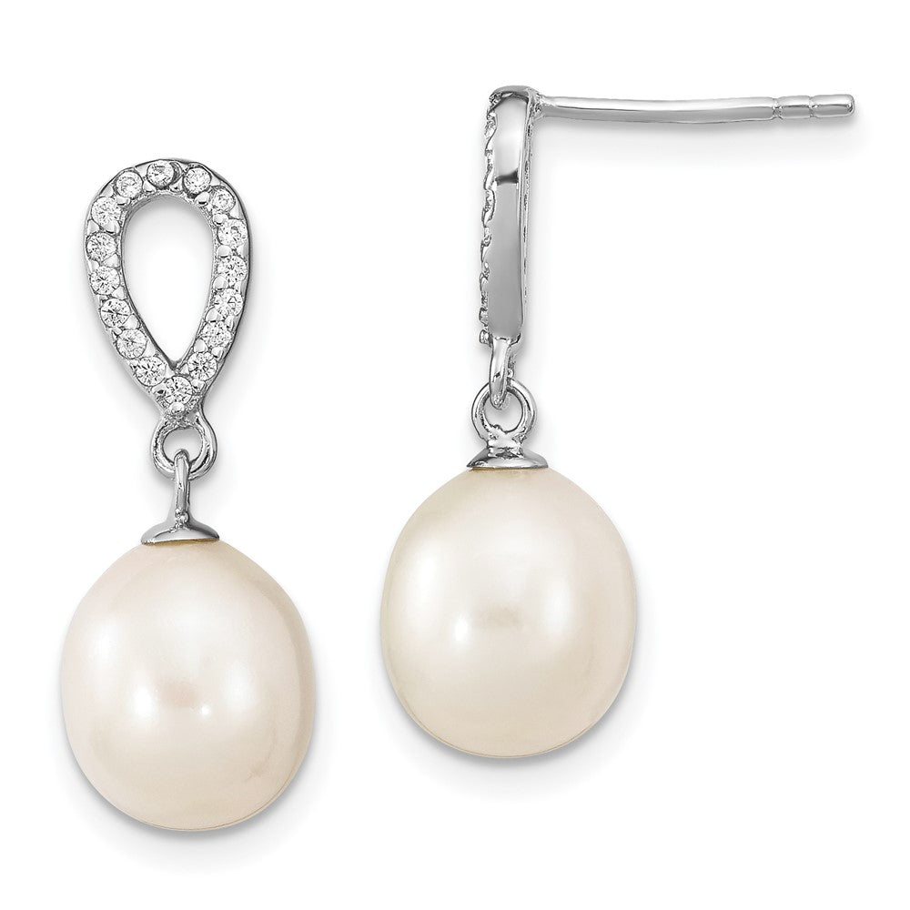 Sterling Silver Rhodium-plated 8-9mm White Rice Freshwater Cultured Pearl and CZ Post Dangle Earrings, 19 mm