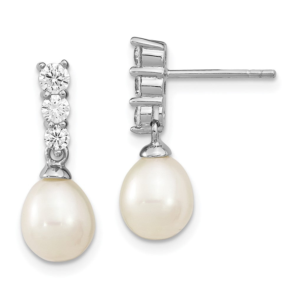 Sterling Silver Rhodium-plated 7-8mm White Rice Freshwater Cultured Pearl and CZ Post Dangle Earrings, 19 mm, 1.08 g