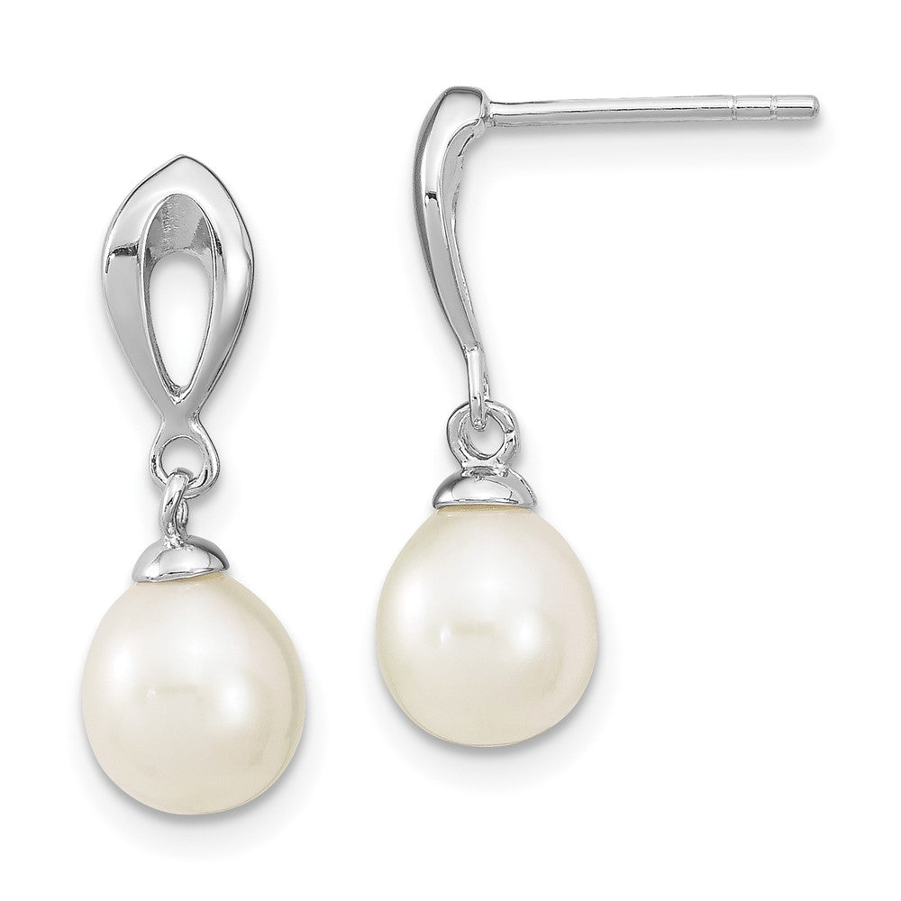 Sterling Silver Rhodium-plated 7-8mm White Rice Freshwater Cultured Pearl Post Dangle Earrings, 19 mm