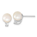 Sterling Silver Rhodium-plated 8-9mm White Semi-Round Freshwater Cultured Pearl and CZ Post Earrings, 11.3 mm