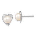 Sterling Silver Rhodium-plated 7-8mm White Button Freshwater Cultured Pearl Heart Post Earrings, 10.84 x 9.8 mm