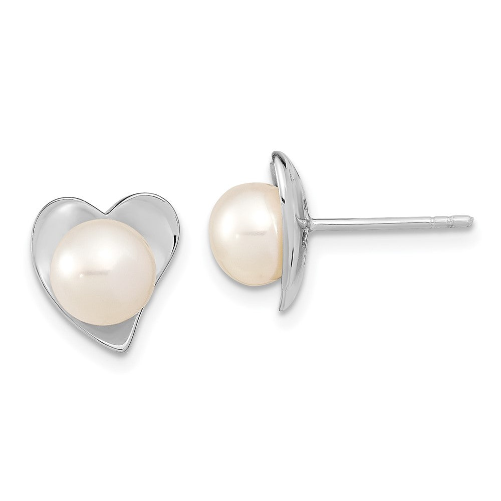 Sterling Silver Rhodium-plated 7-8mm White Button Freshwater Cultured Pearl Heart Post Earrings, 10.84 x 9.8 mm
