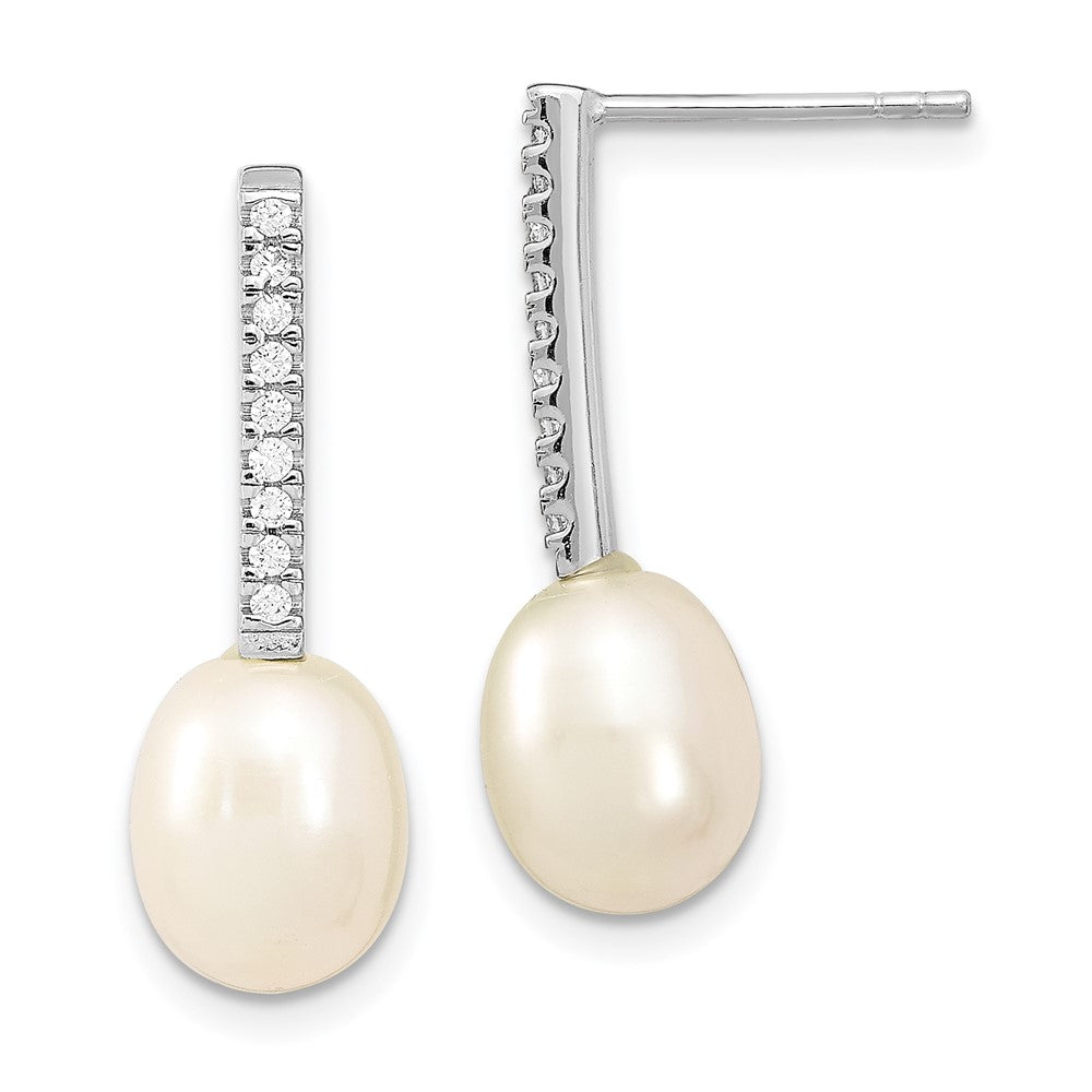 Sterling Silver Rhodium-plated 8-9mm White Rice Freshwater Cultured Pearl and CZ Post Dangle Earrings, 25.5 mm