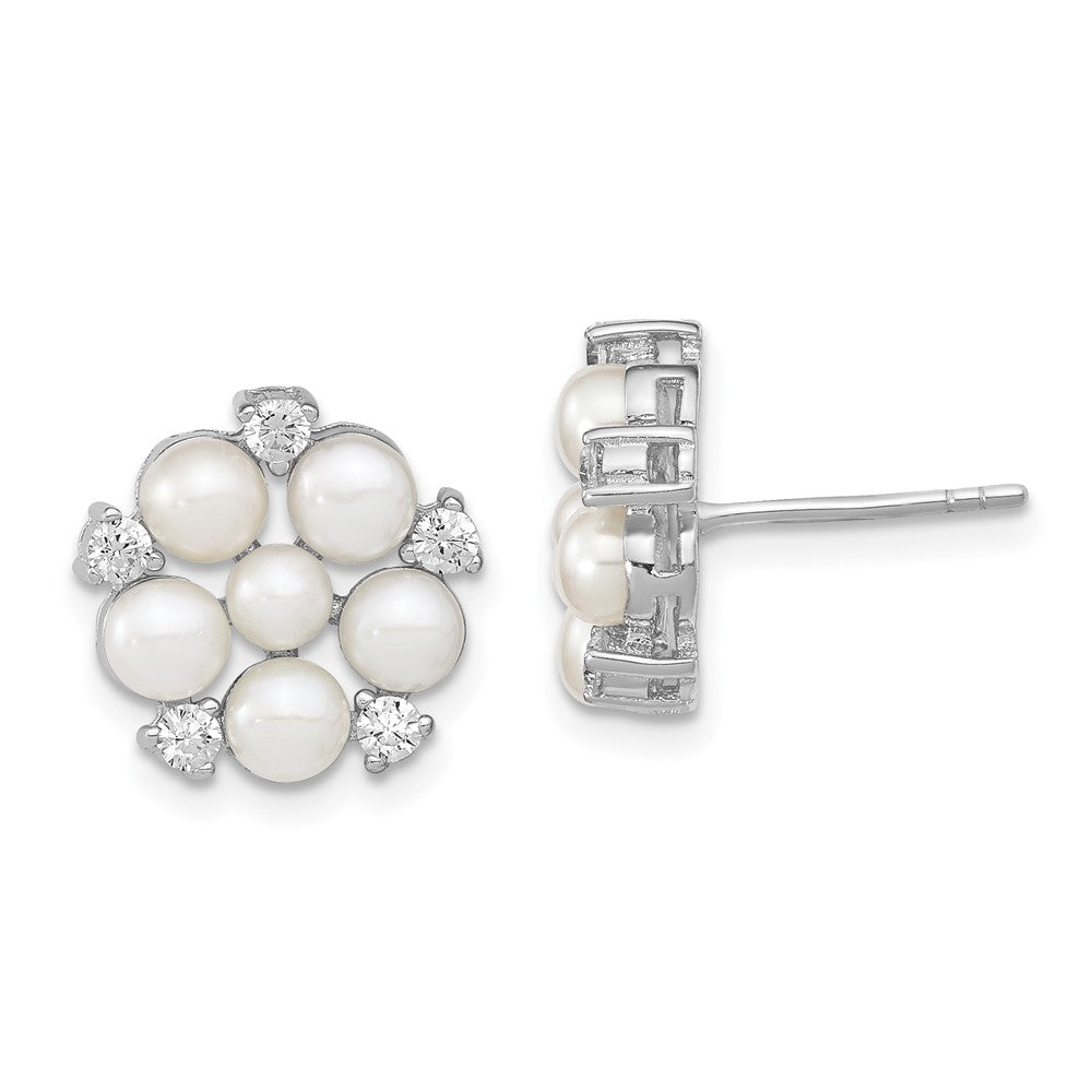 Sterling Silver Rhodium-plated 3-5mm White Button Freshwater Cultured Pearl and CZ Flower Post Earrings, 13.11 x 13.11 mm
