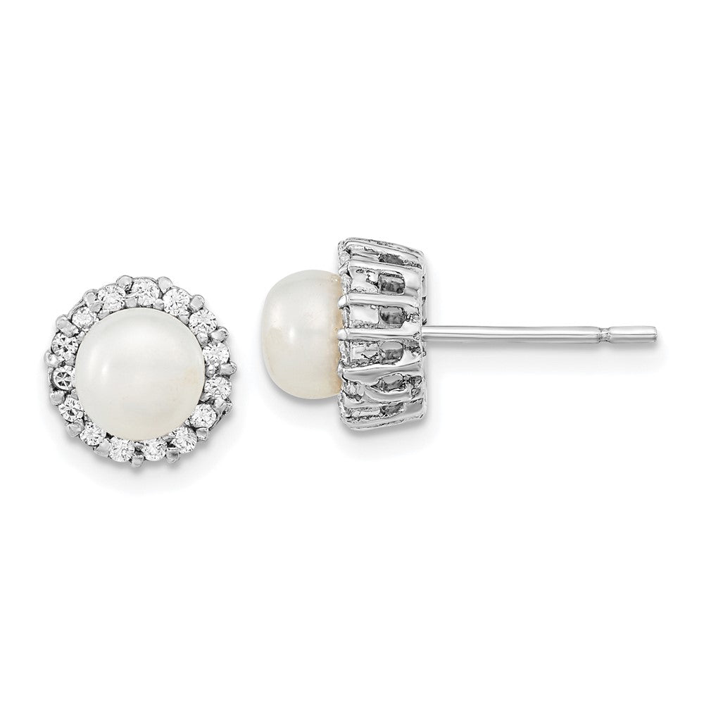 Sterling Silver Rhodium-plated CZ  Synthetic Pearl Post Earrings, 9.16 x 9.16 mm