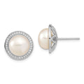 Sterling Silver Rhodium-plated 10-11mm White Button Freshwater Cultured Pearl and CZ Post Earrings, 13.6 x 13.6 mm