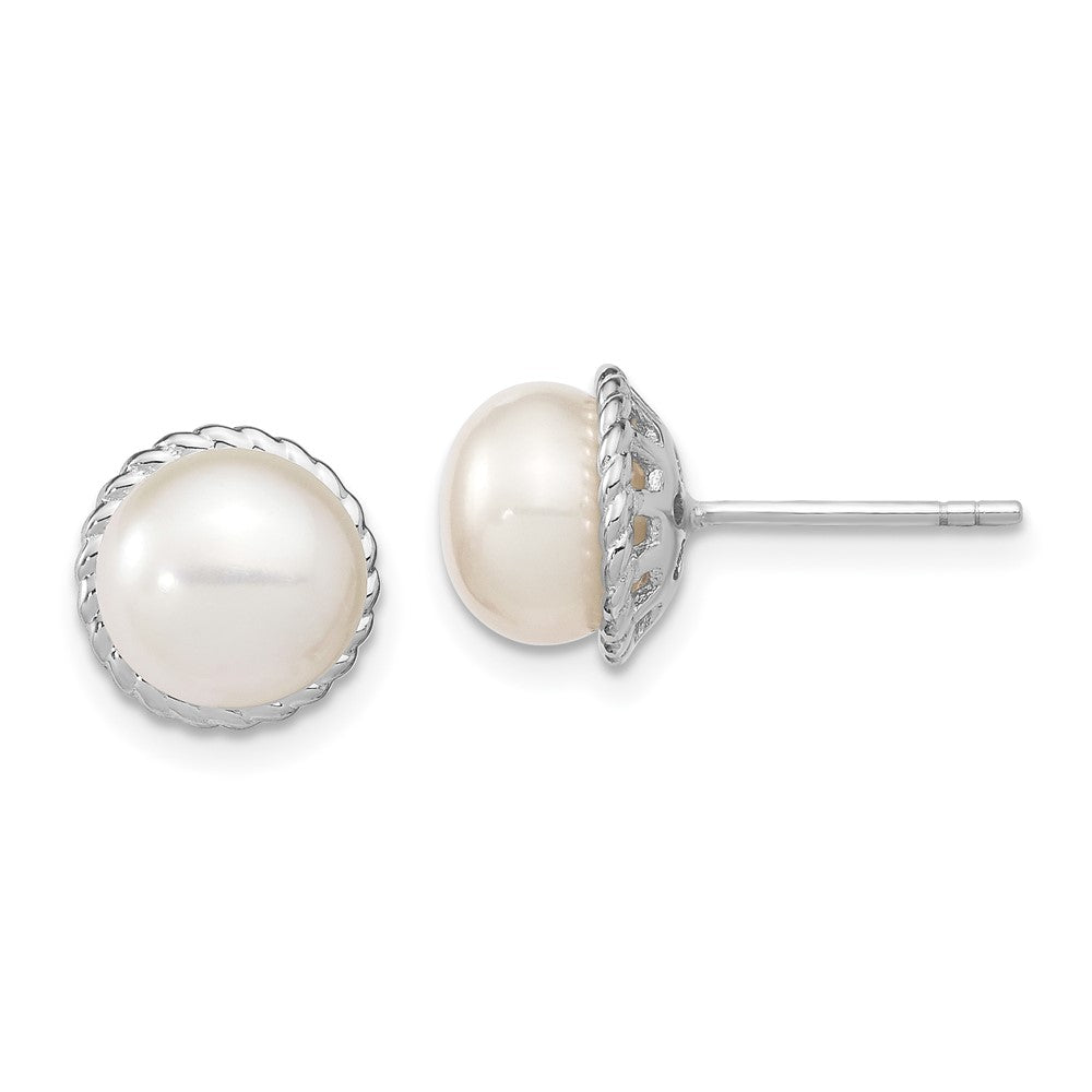 Sterling Silver Rhodium-plated 8-9mm White Button Freshwater Cultured Pearl Post Earrings, 10.35 x 10.35 mm