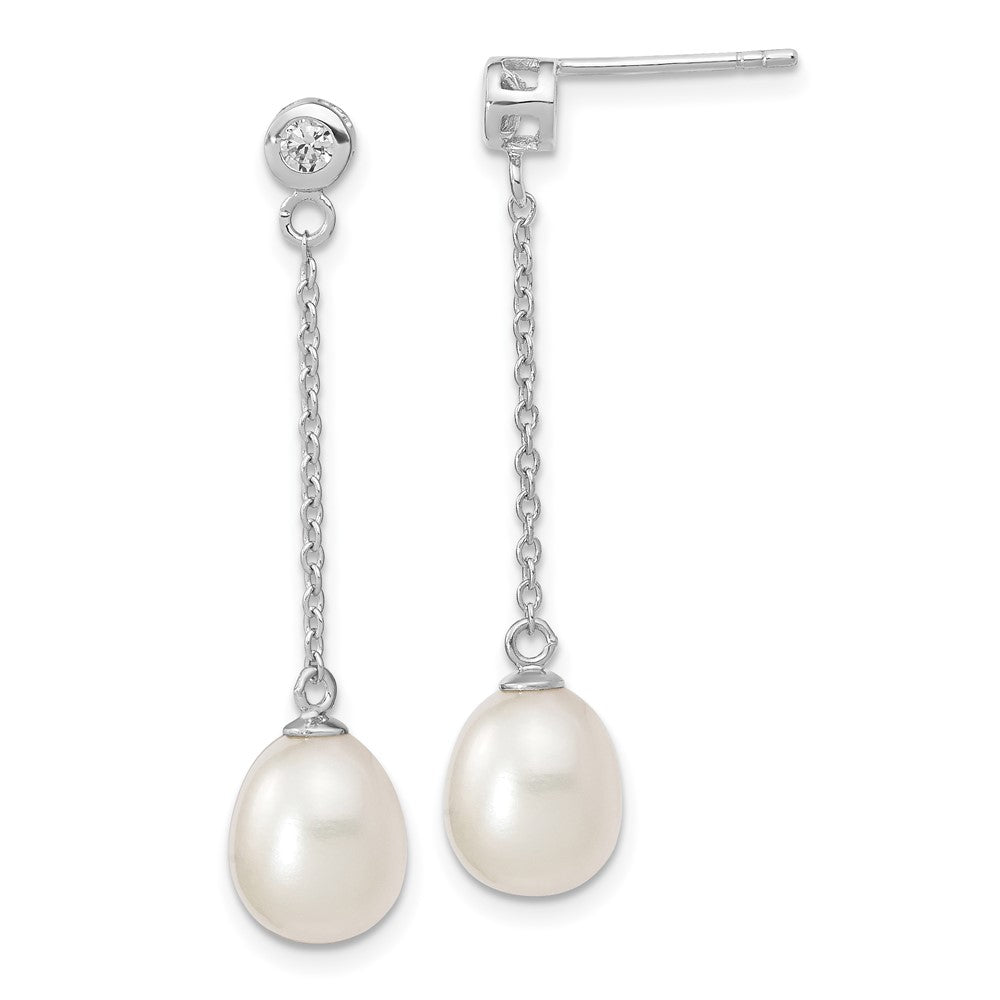 Sterling Silver Rhodium-plated 8-9mm White Rice Freshwater Cultured Pearl and CZ Post Dangle Earrings, 38 mm