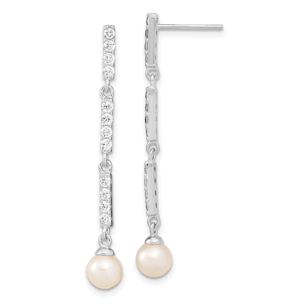 Sterling Silver Rhodium-plated 6-7mm Rice FWC Pearl CZ Post Dangle Earrings, 1.75 x 6.51 mm