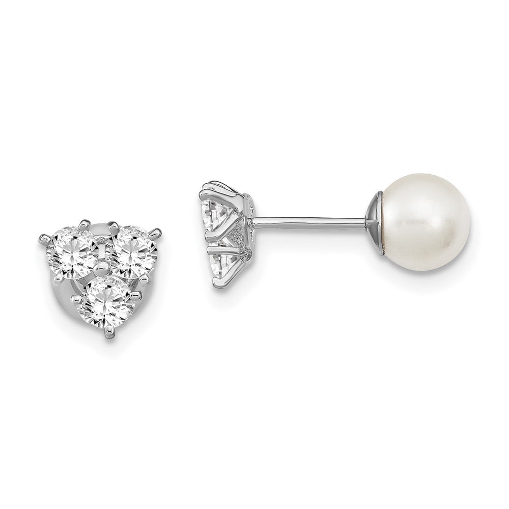 Sterling Silver Rhodium-plated Polished White 5-6mm Imitation Shell Pearl & CZ Reversible Post Earrings, 7 x 7 mm