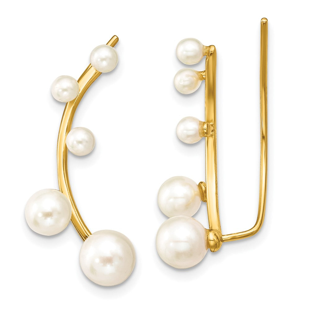 Sterling Silver Gold-tone Flash Gold-plated 3-6mm White Round Freshwater Cultured Pearl Ear Climber Earrings, 59 x 11 mm