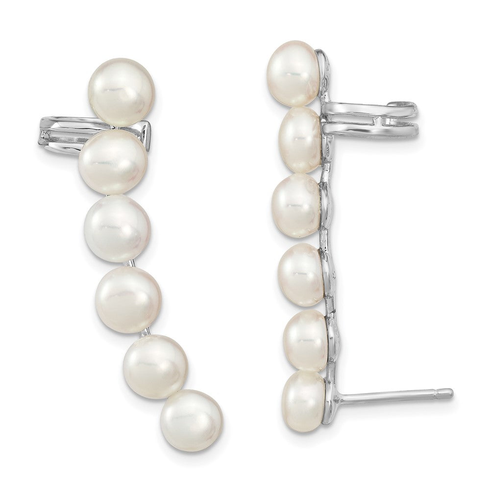 Sterling Silver Rhodium-plated 5-6mm White Button Freshwater Cultured Pearl Post Ear Climber and Cuff Earrings, 38 x 10 mm