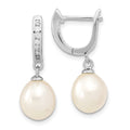 Sterling Silver Rhodium-plated 8-9mm White Rice Freshwater Cultured Pearl and CZ Dangle Hoop Earrings, 25.5 mm