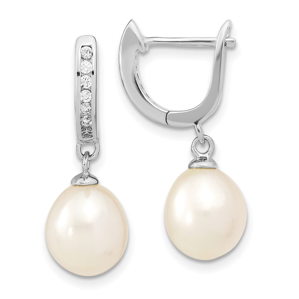 Sterling Silver Rhodium-plated 8-9mm White Rice Freshwater Cultured Pearl and CZ Dangle Hoop Earrings, 25.5 mm
