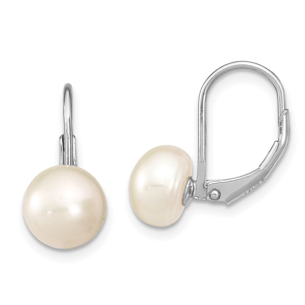 Sterling Silver Rhodium-plated 8-9mm White Button Freshwater Cultured Pearl Leverback Earrings, 19 mm