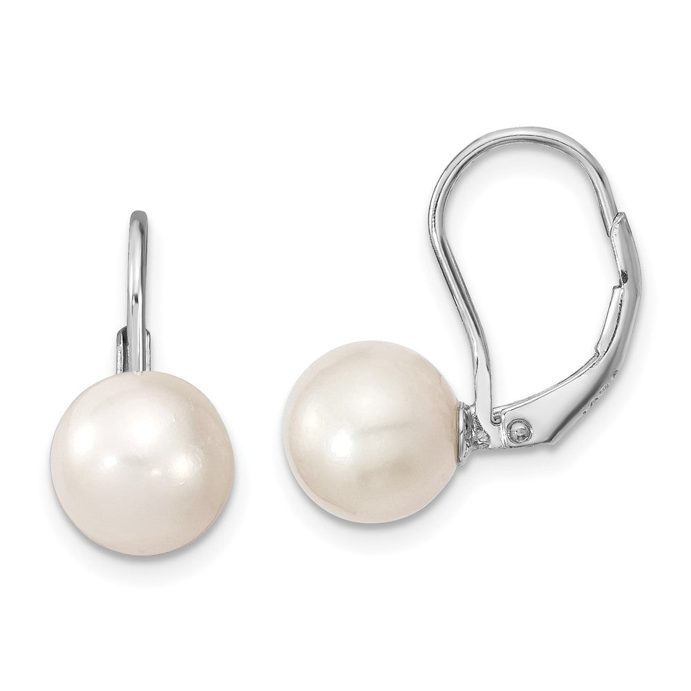 Sterling Silver Rhodium-plated 8-9mm White Round Freshwater Cultured Pearl Leverback Earrings, 19 mm