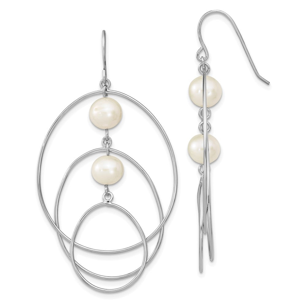 Sterling Silver Rhodium-plated 8-9mm White Semi-Round Freshwater Cultured Pearl Circles Dangle Earrings, 60 x 31 mm