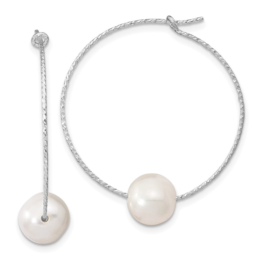Sterling Silver Rhodium-plated 8-9mm White Semi-Round Freshwater Cultured Pearl Hoop Earrings, 36 x 30 mm