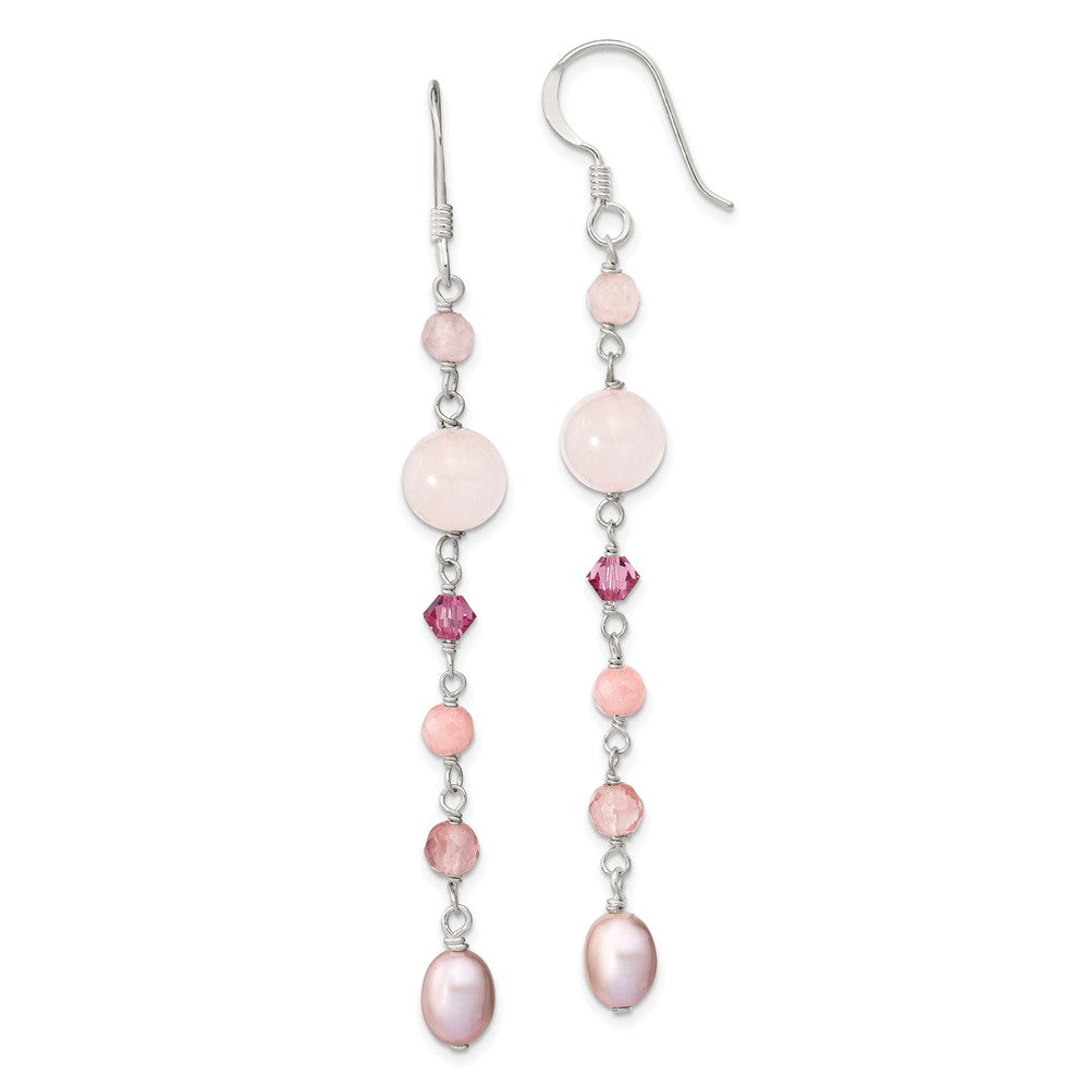 Sterling Silver Polished Pink FWC Pearl, Pink Jade, Rosaline, Cherry & Rose Quartz Dangle Earrings, 78 x 8.5 mm
