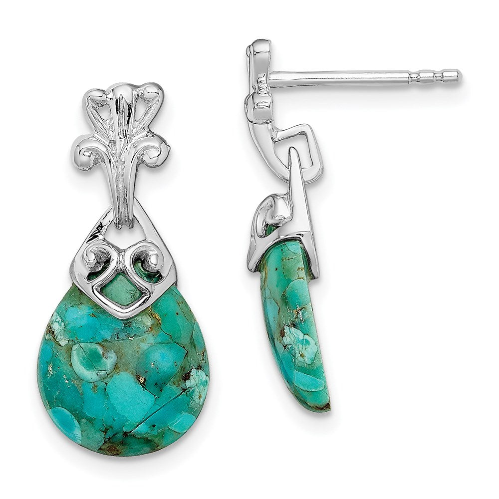 Sterling Silver Rhodium-plated w/Reconstituted Turquoise Dangle Earrings, 23.5 x 10.35 mm