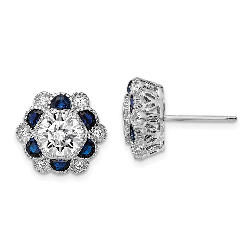 Sterling Silver Rhodium-plated Blue Spinel and CZ Flower Post Earrings, 0.36 ct, 12.5 x 12.5 mm