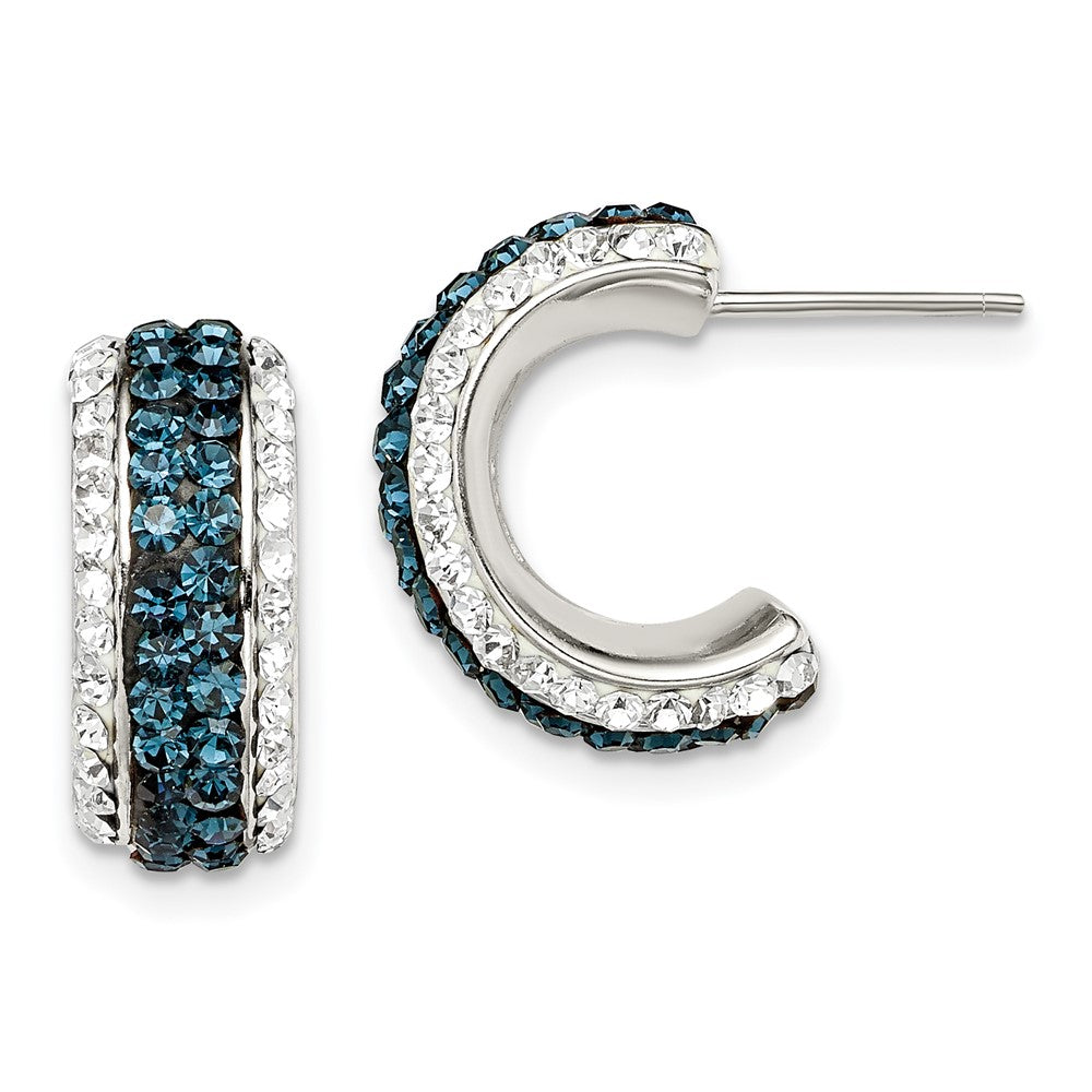 Sterling Silver White and Blue Crystal and Resin J Hoop Earrings, 15 x 6.5 mm