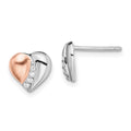 Sterling Silver Rhodium/Rose Gold-plated CZ Heart Earrings, 8 x 8.8 mm