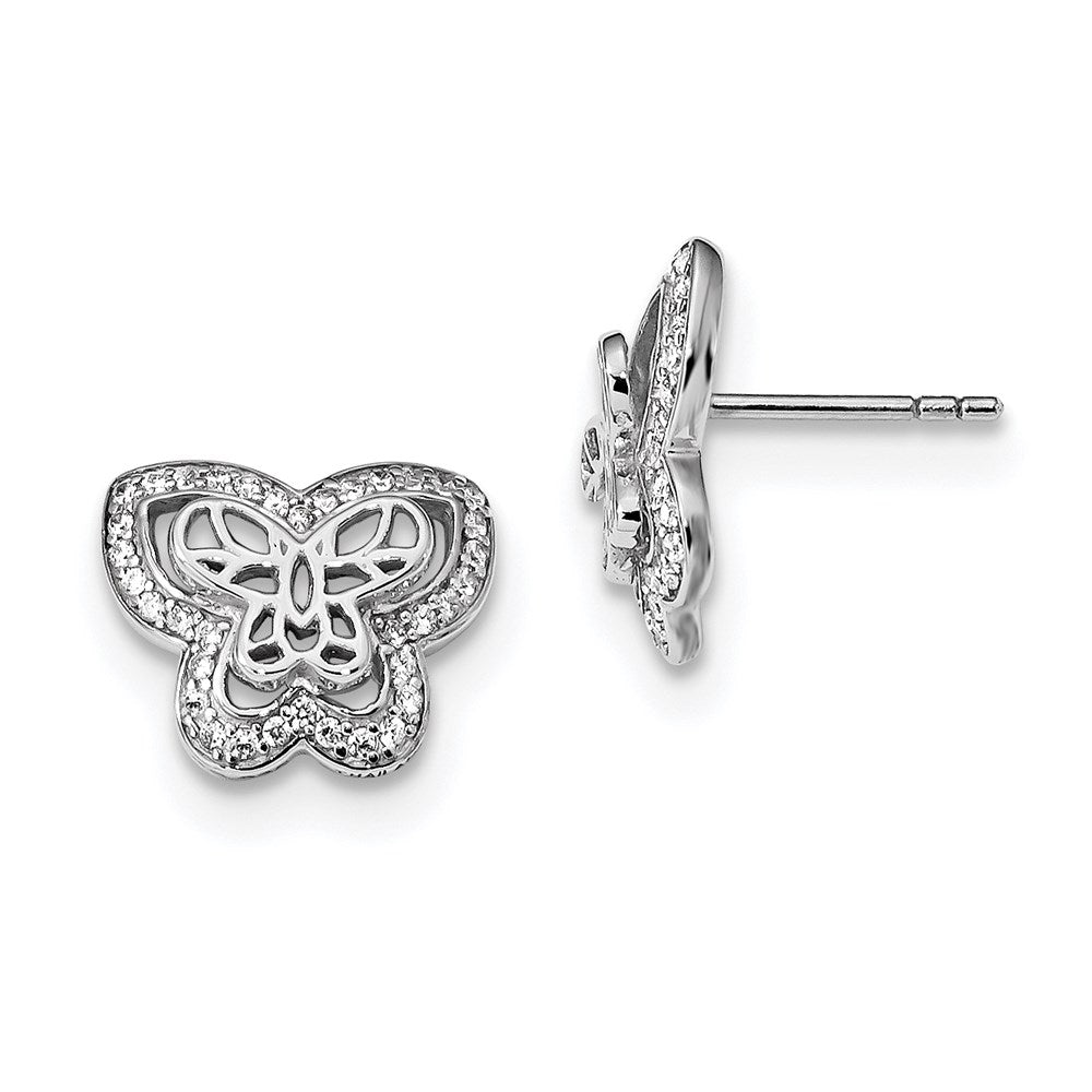 Sterling Silver Rhodium-plated Polished with CZ Butterfly Post Earrings, 11.5 x 9 mm