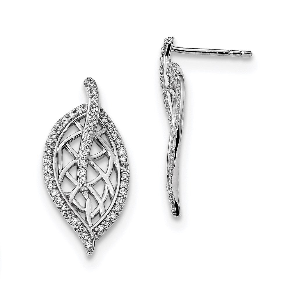 Sterling Silver Rhodium-plated Polished with CZ Leaf Post Earrings, 25 x 12 mm
