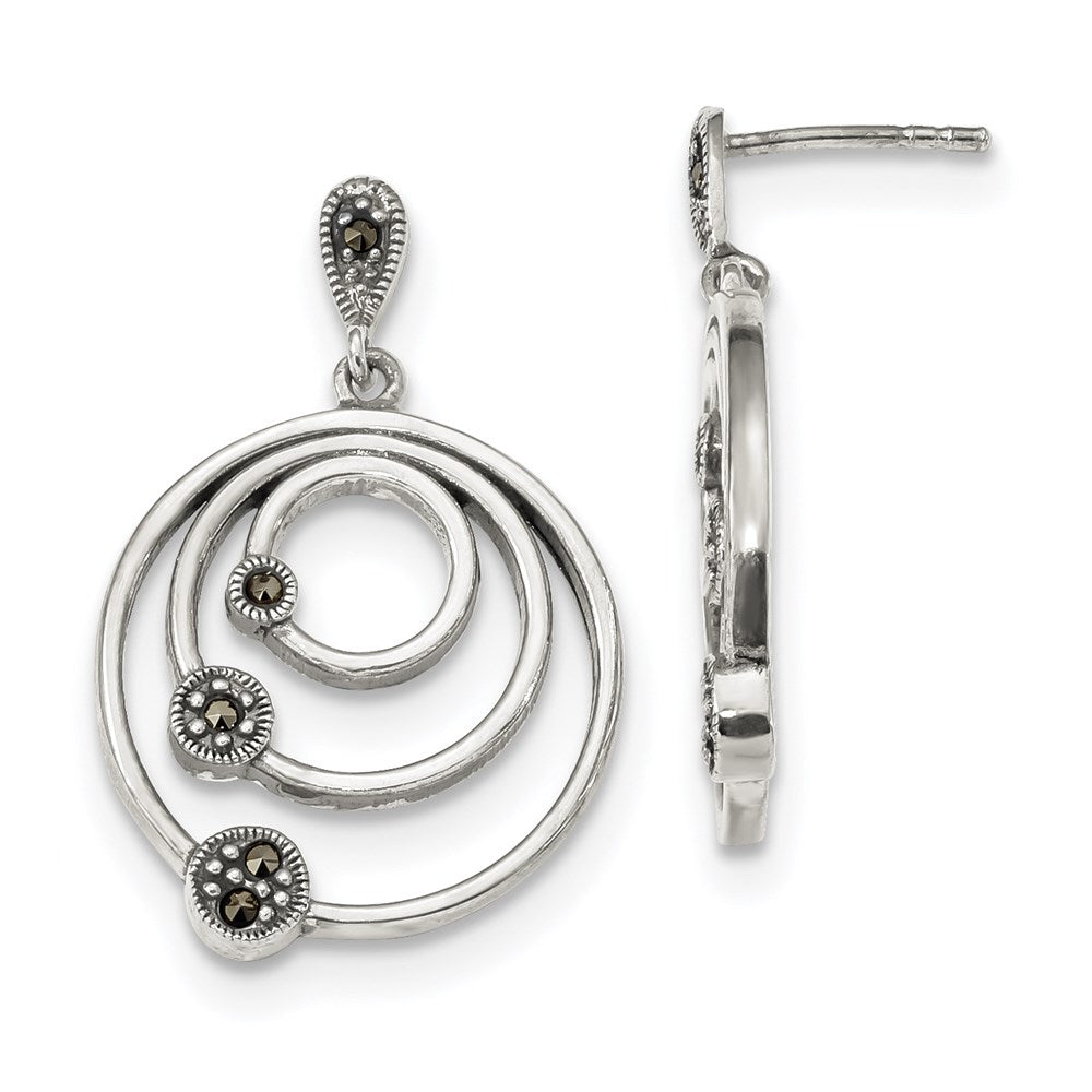 Sterling Silver Antiqued 3-Circles Marcasite Post Dangle Earrings, 32 x 20 mm